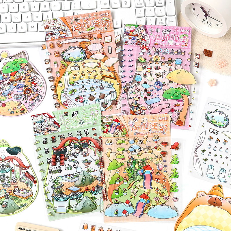 3D estereoscópico transparente pegatinas de mascotas impermeables para niños pegatinas paisajísticas de dibujos animados pegatinas de escena en miniatura