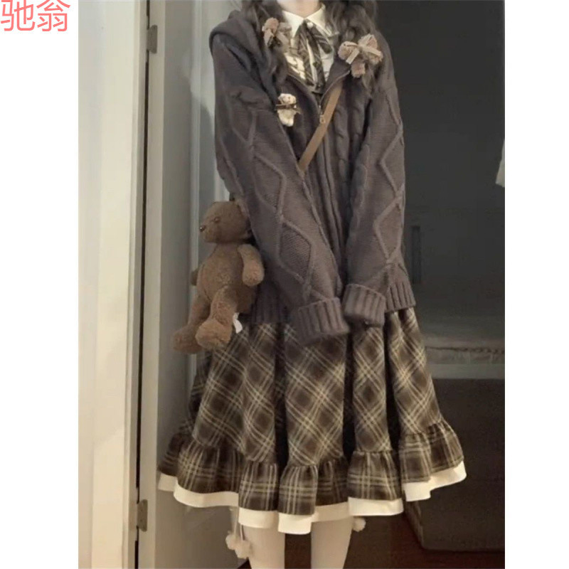 W9Q新中式新款美拉德超仙两件套女复古气质甜妹高级连衣裙+毛衣外
