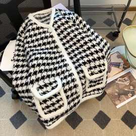 小香风外套千鸟格水貂绒针织开衫毛衣女冬