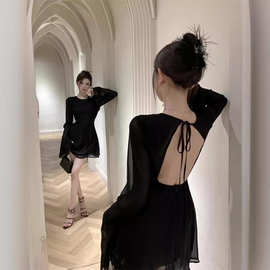 黑色长袖连衣裙女夏季新款性感小黑裙收腰显瘦薄款网纱露背短裙子