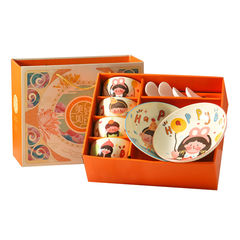 Vajilla de dibujos animados para una familia de cuatro personas, juego de platos y cuencos de cerámica con colores bajo el esmalte, regalo para el regreso a clases