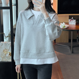 2024 New Autumn Clothing Simple Polo Collar Sweatshirt White T-Shirt Spliced Pullover Fake Two-Piece Lapel Gray Top for Women