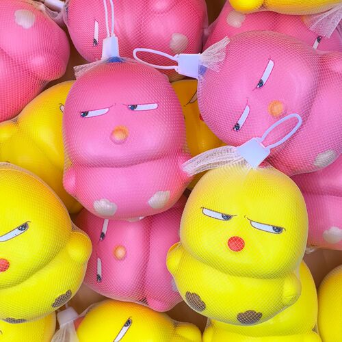 Slanted eye sockets are slower to rebound than chicken pinching music, little yellow chicken decompression toy, vent artifact, office stall