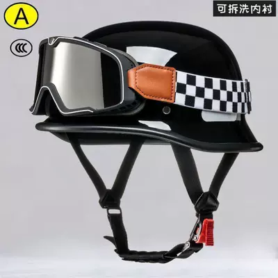 Motosiklet kaskı (dəbilqə) – motorcycle half helmet, non-new - glossy-black-plaid-retro-goggles-free-face-towel-m55-56cm