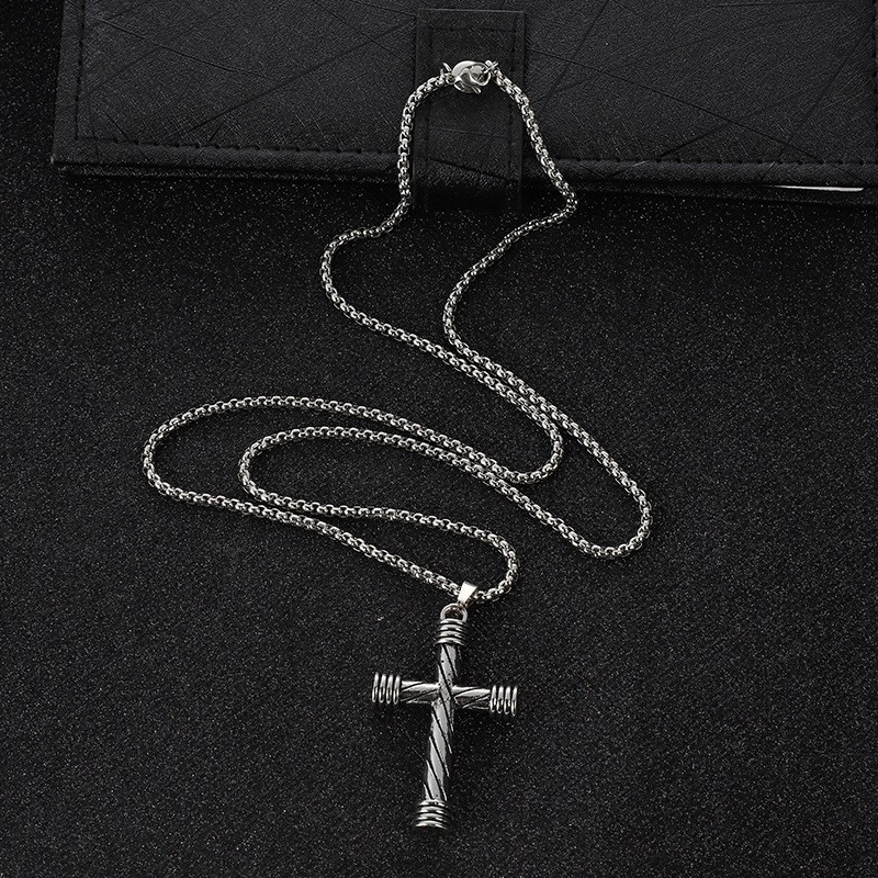 Stainless Men's Spiral Pattern Cross Titanium Steel Pendant Necklace_voghion.com