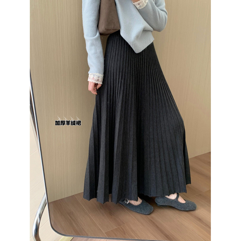 高腰显瘦中长款加厚百褶针织半身裙女2025冬季新款韩版休闲伞裙子