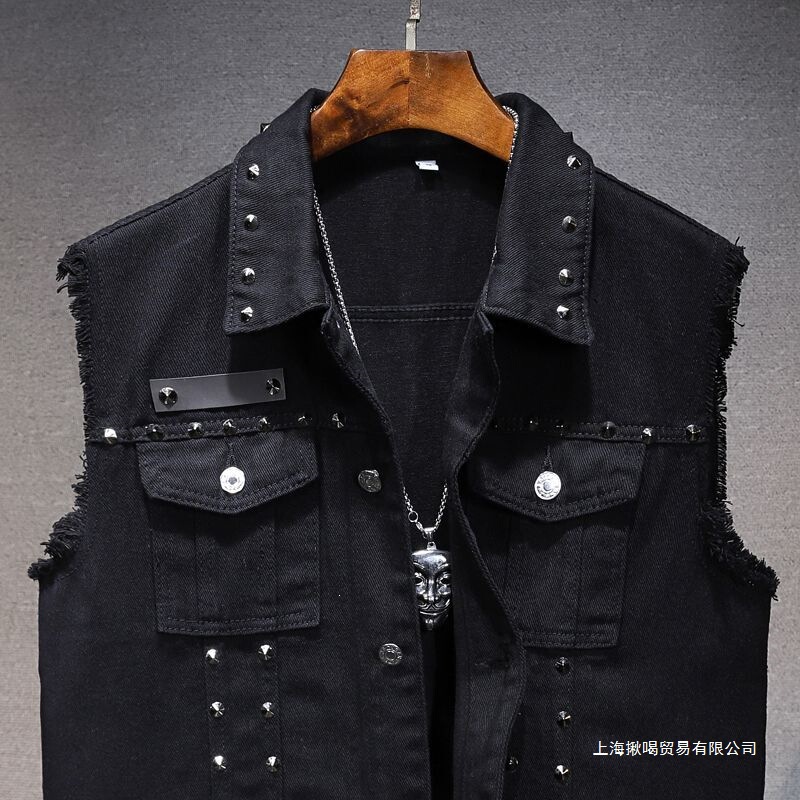 Spring and Summer Rivet Denim Vest for Men and Women, European and American Motorcycle Style, Punk Sleeveless Jacket, Large Size
