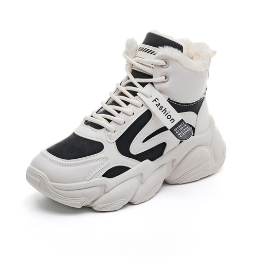 Velvet thickened warm high-top cotton shoes for women  winter new versatile white sports dad shoes winter style
