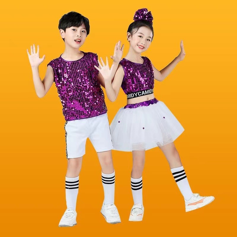 children girls purple silver sequins modern jazz dance costumes ballet tutu skirt sequins kingergarten gogo dancers cheerleading performance clothing for kids 