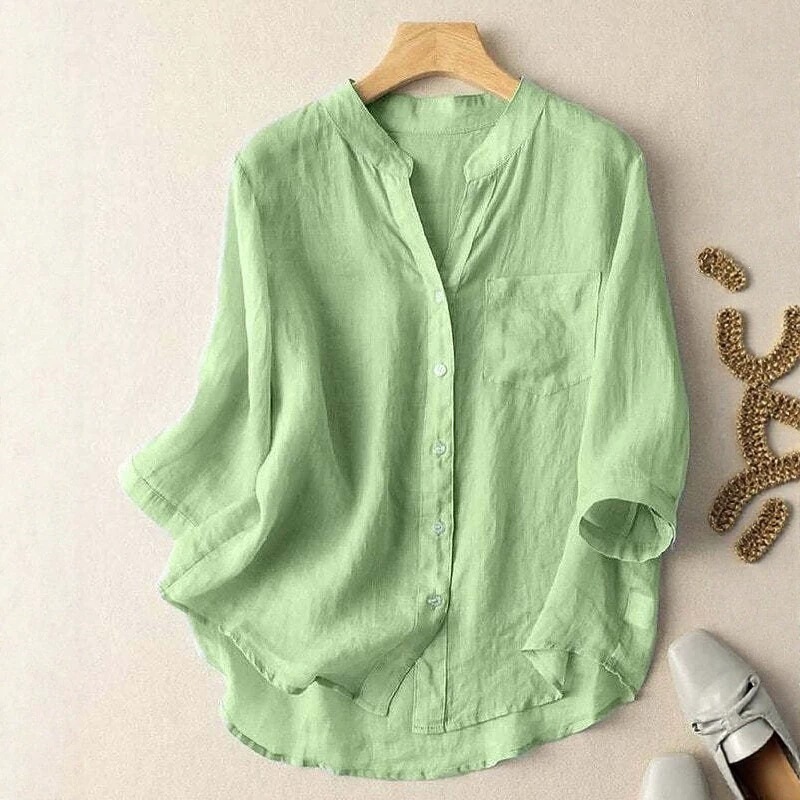 2026 Amazon independent store casual solid color summer new thin cotton-linen shirt with loose V-neck 2026 Amazon independent store casual solid color summer new thin cotton-linen shirt with loose V-neck