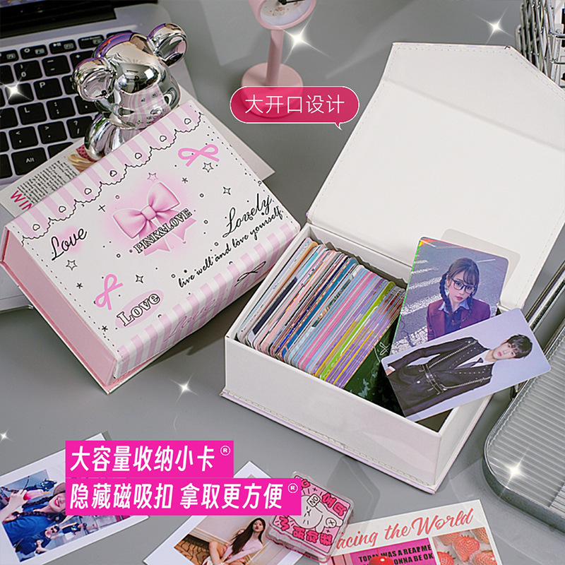 Caja de tarjetas de lazo Caja de almacenamiento de gran capacidad para álbumes de tarjetas pequeñas de ídolos Caja multifuncional de cuero a prueba de polvo de alto valor