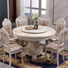 白色歐式大理石小戶型吃飯圓桌子家用帶轉盤實木圓形餐桌餐椅組合