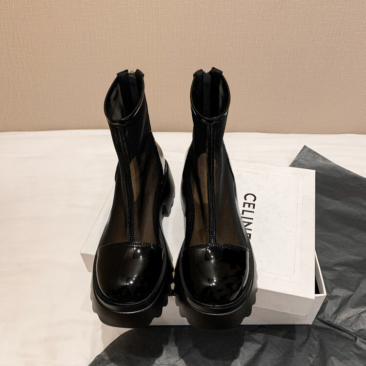 Boot ngắn nữ da thật vải lưới cao gót 6cm mùa hè phong cách Anh thoáng khí — Màu đen, Trắng be chi tiết 132