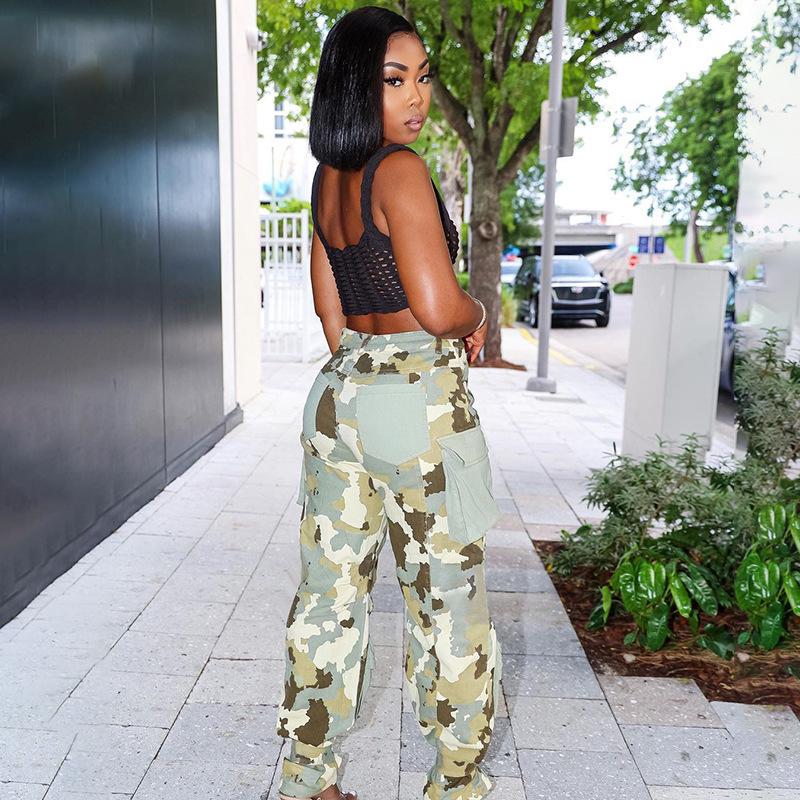 Ropa de mujer, mono holgado de cintura alta con estampado de camuflaje, con múltiples bolsillos, estilo urbano_voghion.com