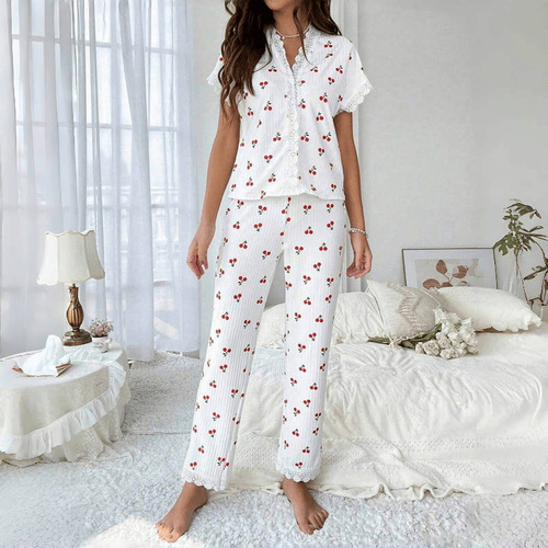 Hot-selling women's home wear in Europe and America, cherry print, water-soluble embroidered skirt, short-sleeved trousers, can be worn outside pajamas for women