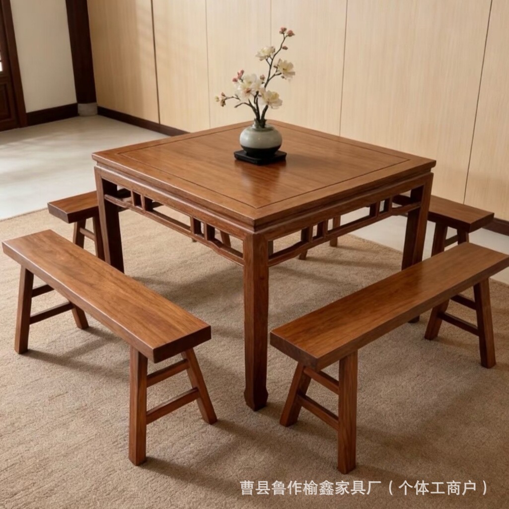 Traditional Old Elm Wood Eight Immortals Table, New Chinese-Style Household Dining Table with Mortise and Tenon Structure, Rural Hall Wooden Square Table