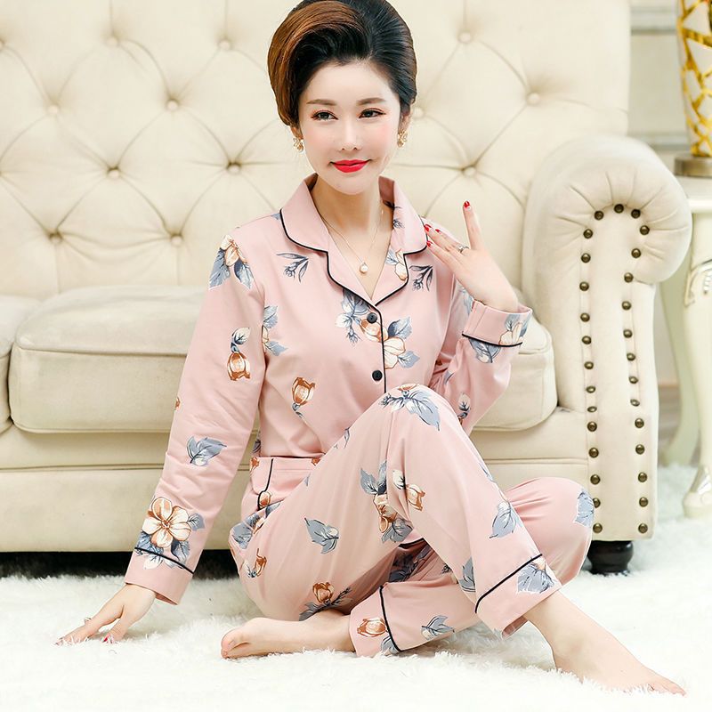 Primavera y otoño pijamas mujeres de mediana edad y madres ancianas 100% algodón de manga larga Chaqueta de punto traje suelto más tamaño ropa para el hogar