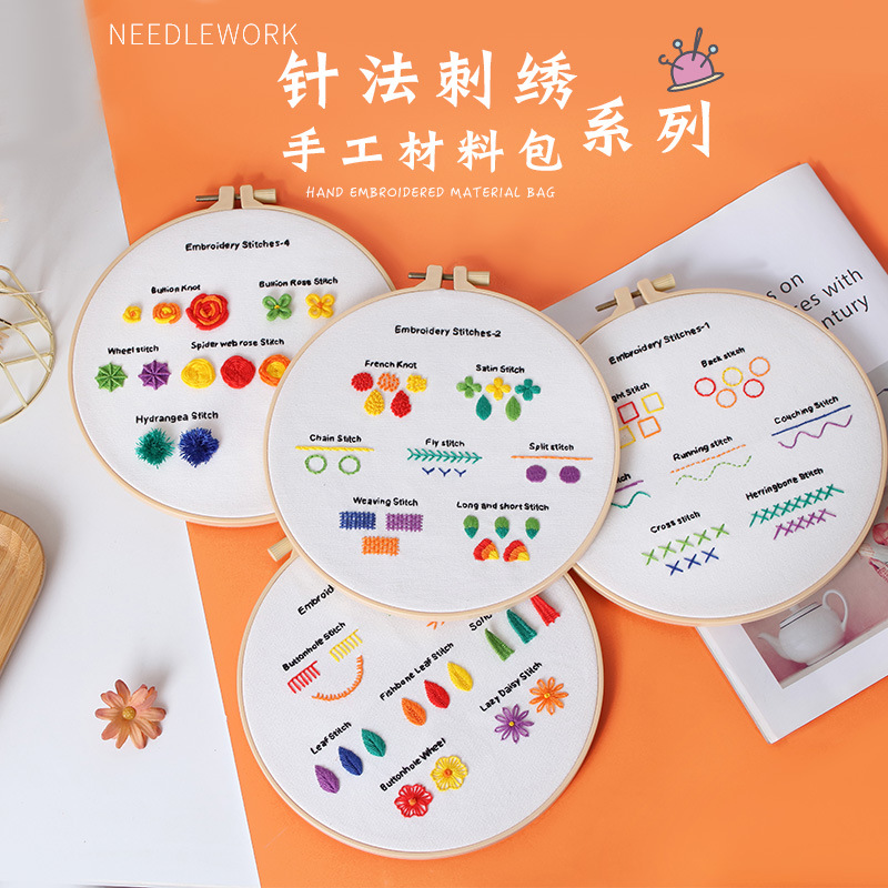 Kit de bordado hecho a mano bricolaje paquete material puntada práctica principiante entrada 4-piece set inglés dibujos nuevo original