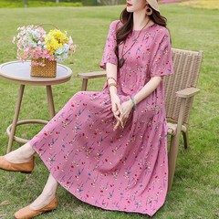2025 新しい綿シルクドレス女性の夏の半袖気質西洋スタイル海辺の休暇ロングルーズ痩身スカート