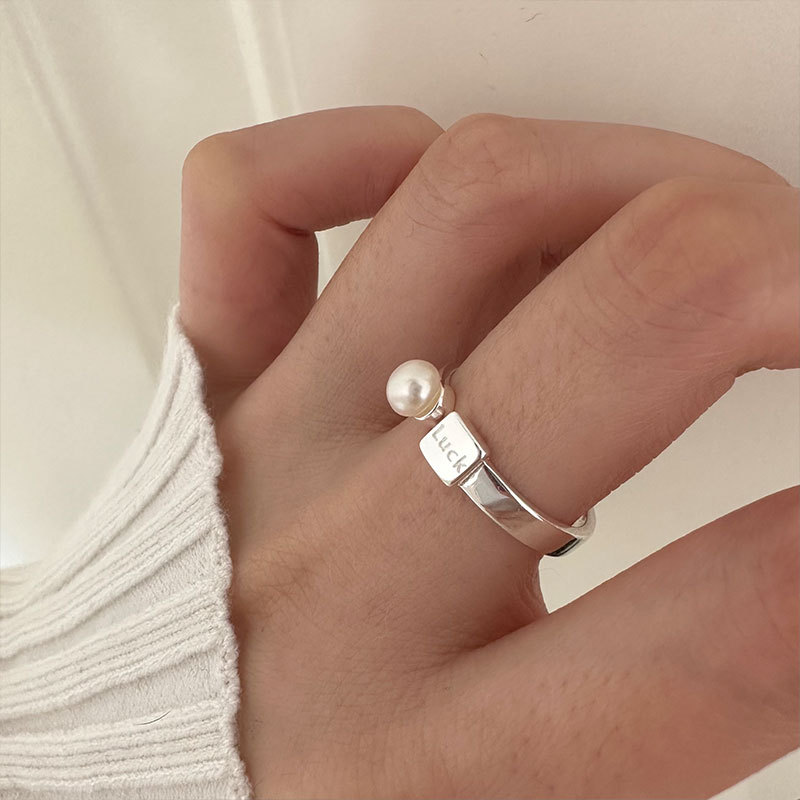 French Retro 925 Sterling Silver "luck" Letter Pearl For Women, Simple French Vintage Niche Design Open Single Ring J5169_voghion.com