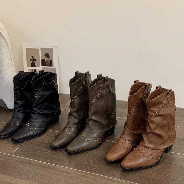 Retro rivet short-shaft boots, French-style women's boots, versatile western cowboy boots, knight boots, short-shaft boots for petite women