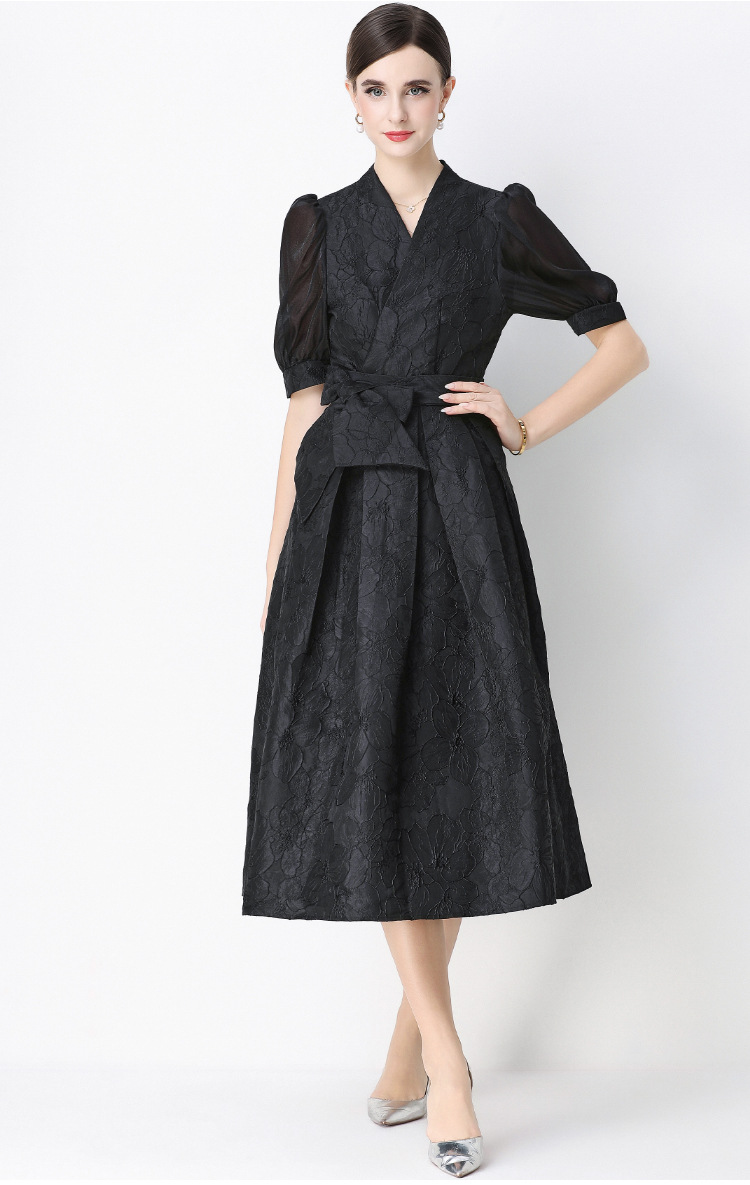 Đầm maxi nữ thắt eo V cổ tay ngắn họa tiết jacquard thanh lịch — màu đen, xanh lam, Màu hồng, màu trắng chi tiết 19