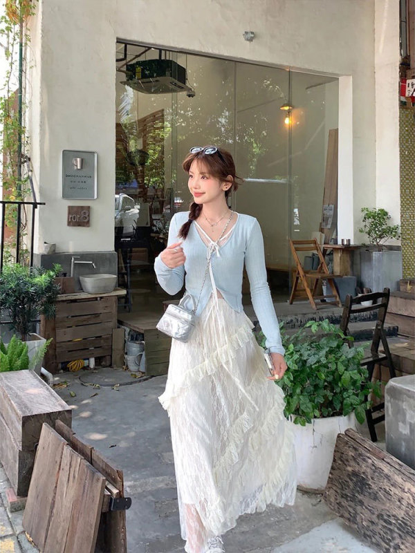 2025法式蕾丝拼接假两件黑色长袖t恤女秋季感甜辣修身打底衫上衣|undefined