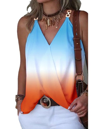 Wish Summer Simple V-neck Metal Button Print Small Backless Top for Women