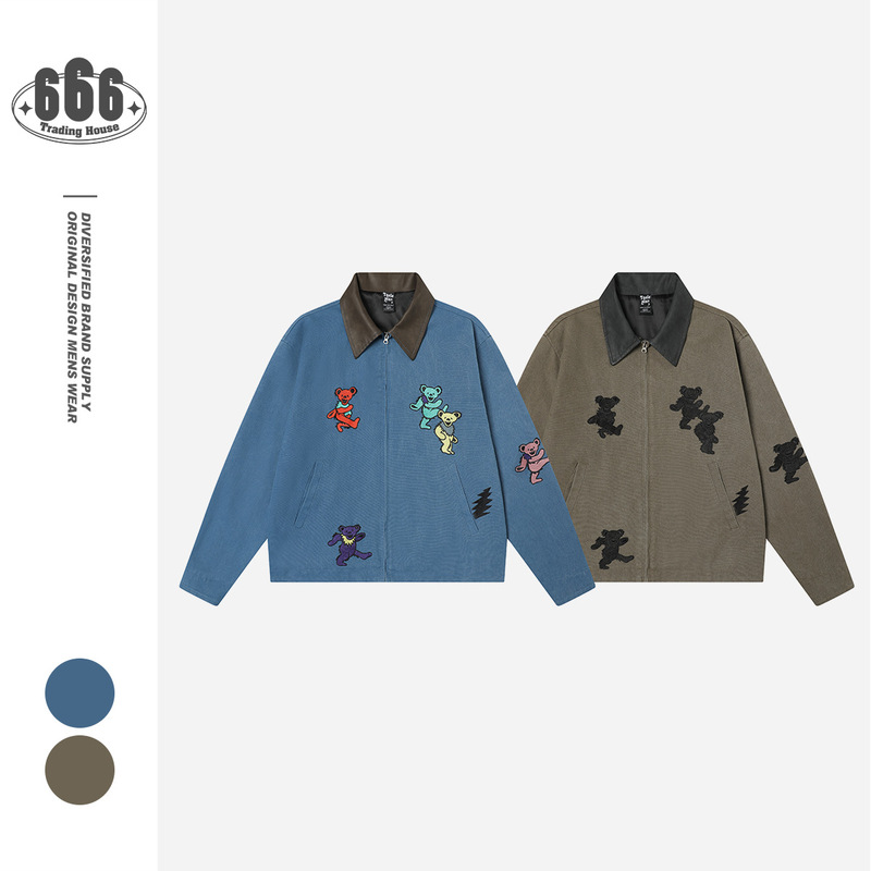 TaelePlus アメリカのトレンディなブランドレトロクマ刺繍ワークジャケットメンズ pu コントラストカラーコートトップ TP245|undefined