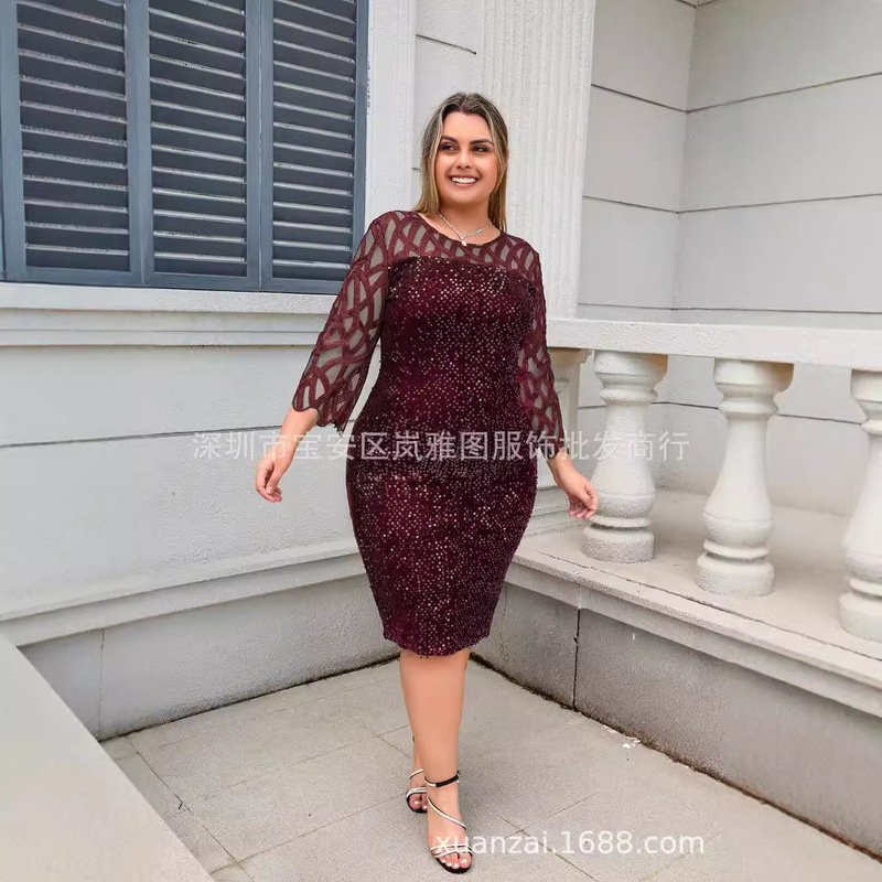 Cross-border supply of European and American spring and autumn explosions personalized sequins design plus size women's dress 10-color 8-yard real shot Cross-border supply of European and American spring and autumn explosions personalized sequins design plus size women's dress 10-color 8-yard real shot