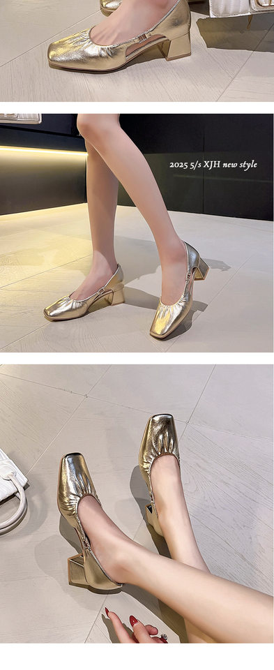 Giày Mary Jane nữ mũi vuông gót thô 3–6 cm, phối nơ, kiểu mới dễ phối đồ — Màu bạc, Màu trắng be, Màu vàng chi tiết 13