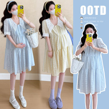 孕妇装夏季新款时尚甜美蕾丝娃娃领宽松连衣裙小个子甜美孕期裙子