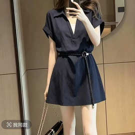 假两件翻领短袖连衣裙女2026夏季新款时尚百搭设计感气质休闲短裙