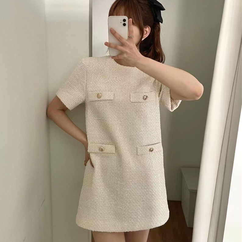 Korean Chic Summer Simple Four-Pocket Design Thin Tweed Loose-Fitting Petite Dress in Two Colors