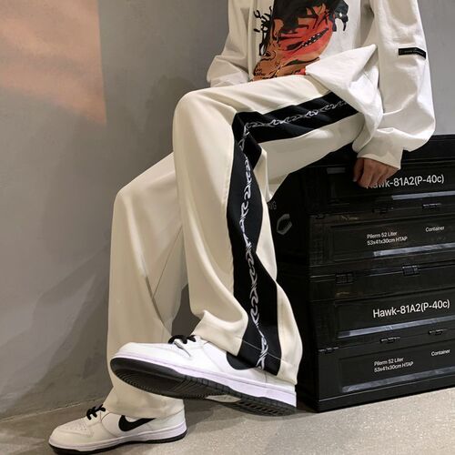 oversize side stripe autumn and winter pants, high-end feel straight leg pants, American street style men's loose wide-legged pants 