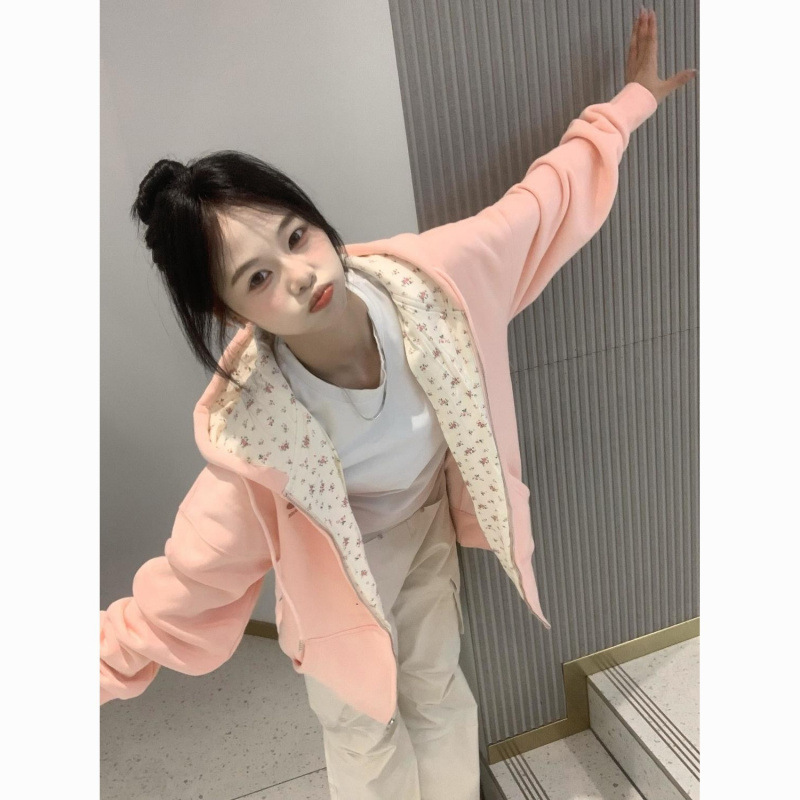 LULU에게 달콤한 여동생    순수한 욕망 인쇄 카디건 후드 여성 INS 기모 한국 코트