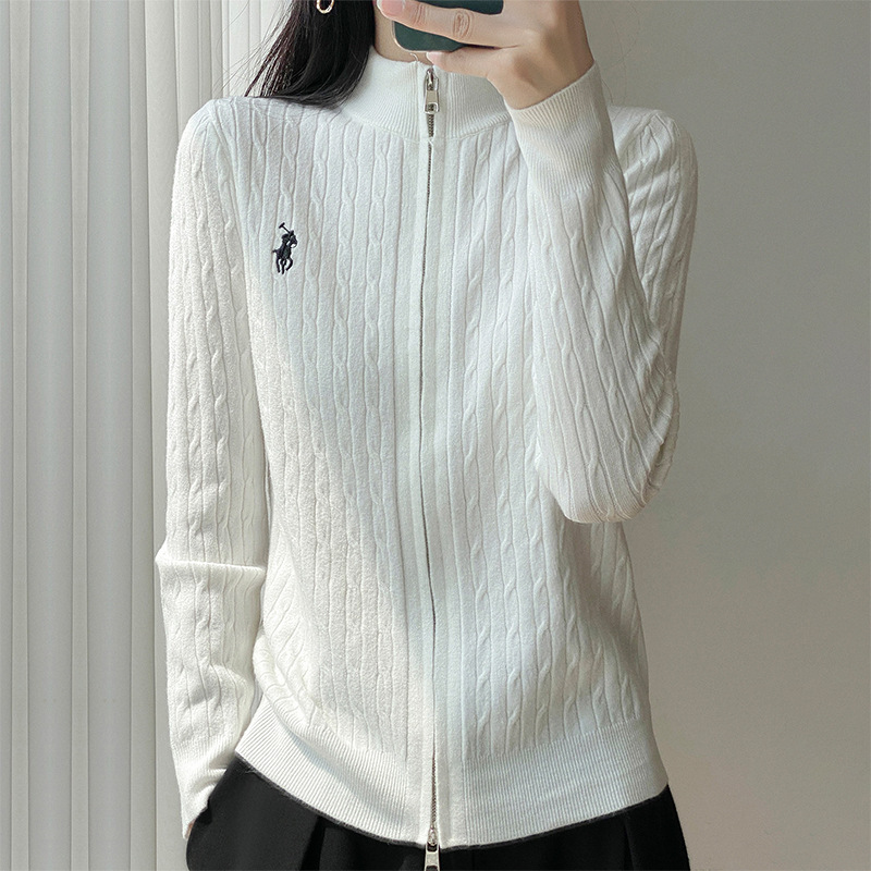 Manufacturer Wholesale Autumn and Winter Stand Collar Zipper Sweater Jacket Women's Embroidered Twist Knitted Cardigan Half Turtleneck Thickened Top