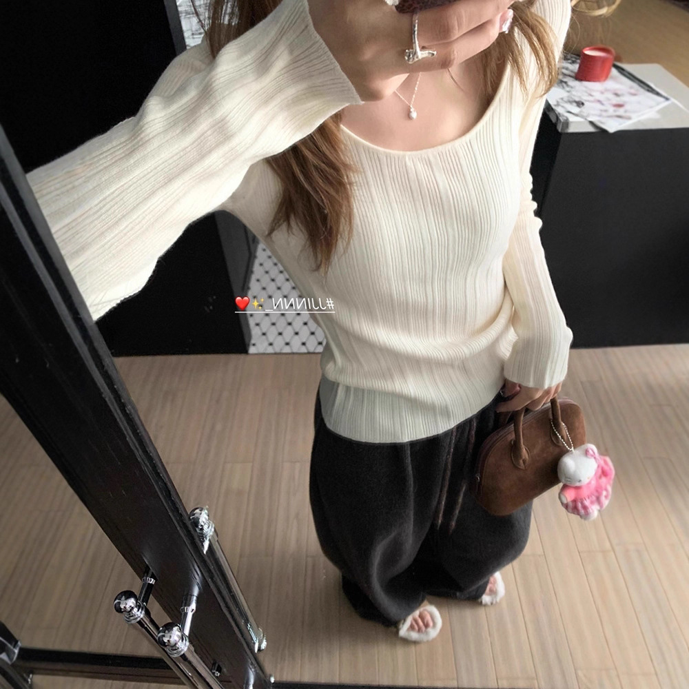 Zhen Dai Ni U-Neck Long-Sleeve Base T-Shirt for Women, New Korean-Style Slim-Fit Waist-Cinching Slimming Casual Knit Top for Spring and Autumn