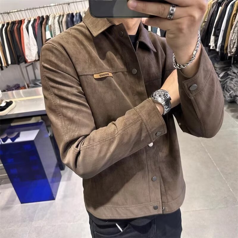 Men's Suede Jacket Turn-down Collar Slim Fit Casual Coat_voghion.com
