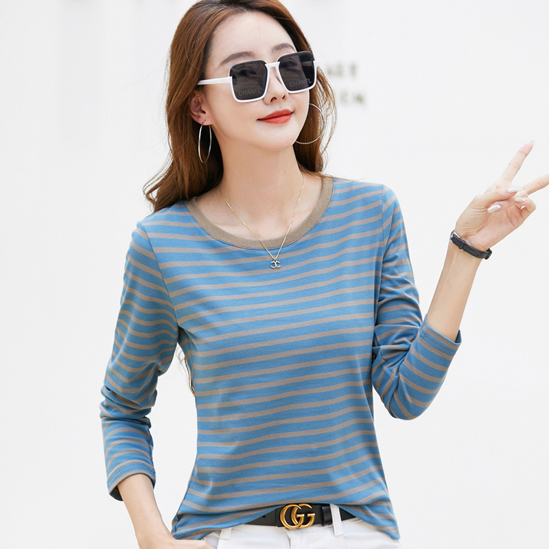 367 New Autumn and Winter Round Neck Contrast Stripesd Long-Sleeved T-Shirt Women's Bottoming Shirt with Retro Literary and Fresh Top