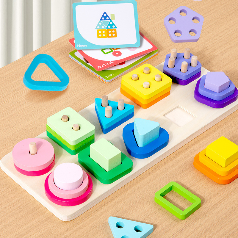 Children's Wooden Four-Column Geometric Shape Color Cognitive Montessori Puzzle Early Education Puzzle Board Toy