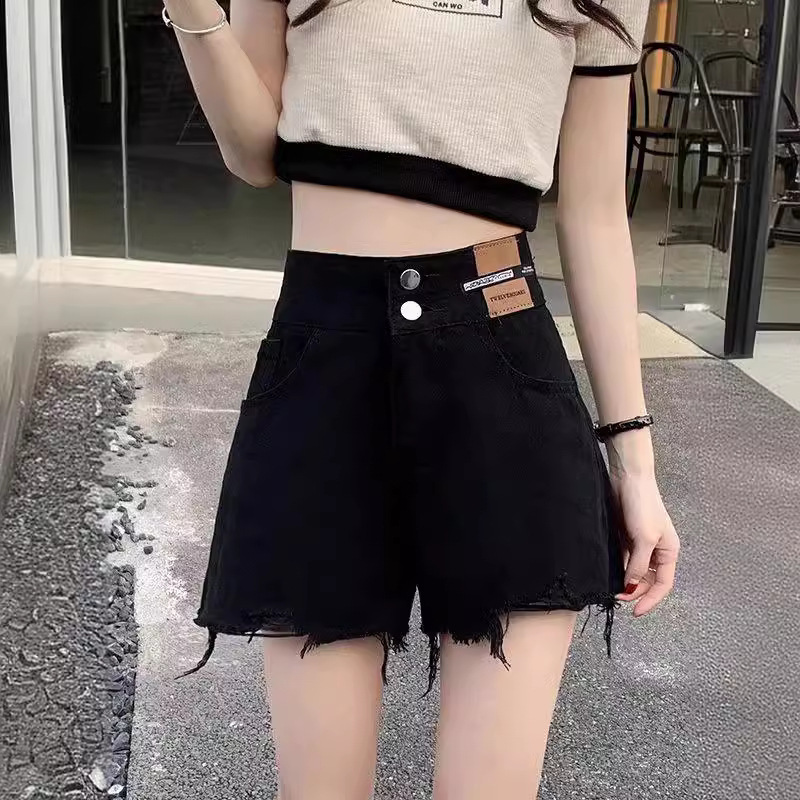 Fashion Double Buckle High Waist Denim Shorts Women's 2024 New Leather Label Wide Leg Shorts Small Ripped Hot Pants