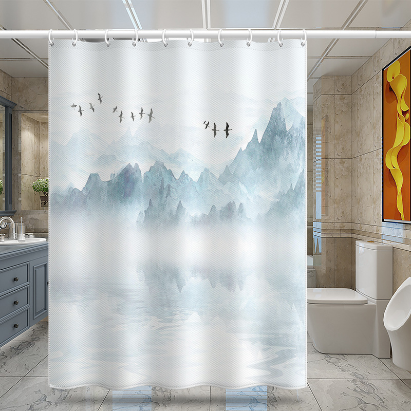 New Chinese Zen-style Curtains, No-drill Installation, Door Partition Shower Short Curtain, Digital Print With Landscape_voghion.com