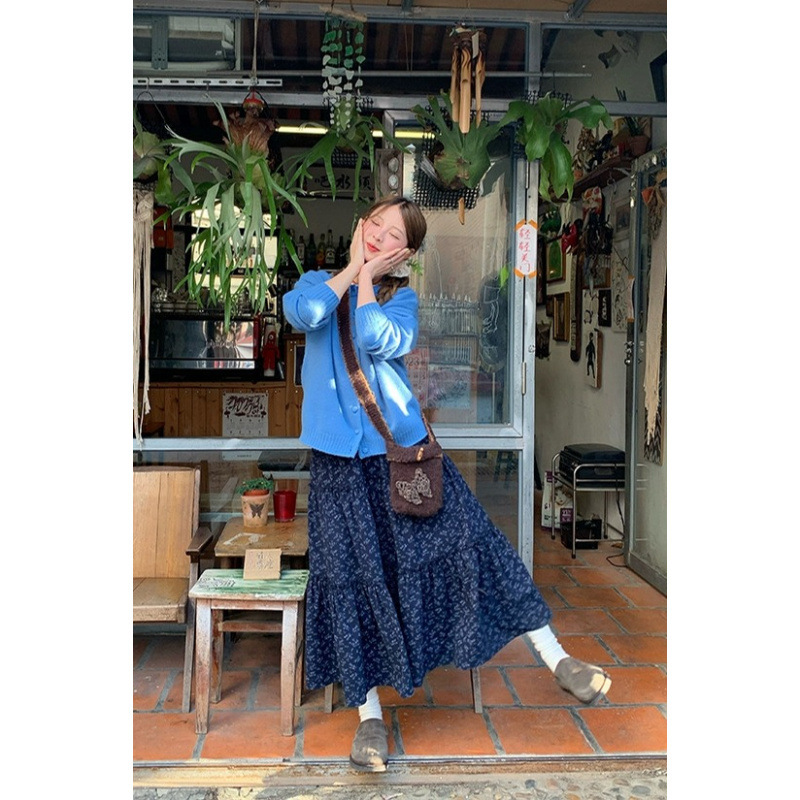 网图 A字甜美腰木耳边碎花半身裙女秋冬中长款百搭花边裙子|undefined