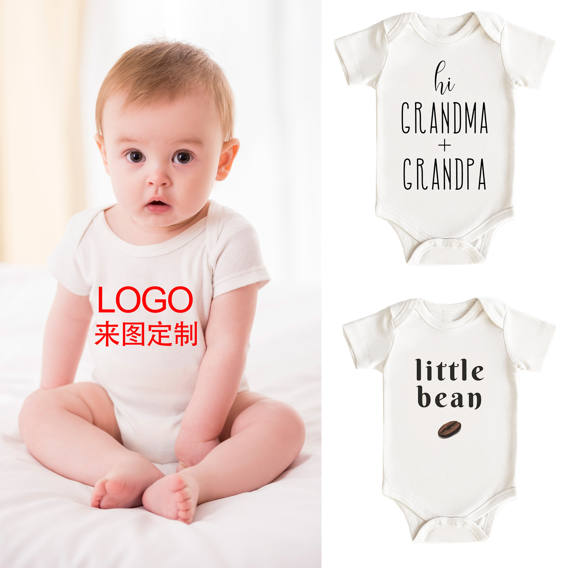 Cross-Border Foreign Trade Baby Clothes Processing and Customization, Heat Transfer Printing, Silk Screen Printing Patterns, Baby Romper, One-Piece Clothing, Printed and Dyed Pure Cotton
