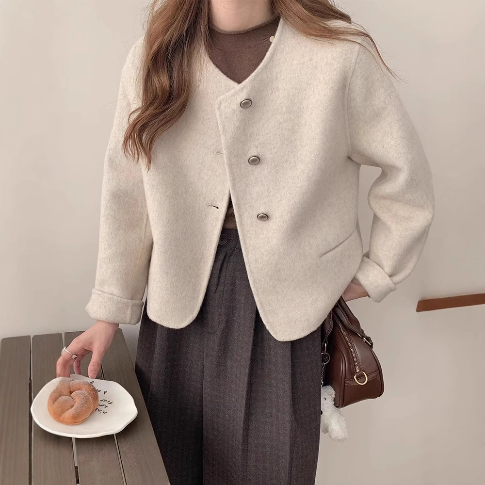 [이른 봄 멋쟁이] 샤오샹 양면 양모 코트 여성 쇼트 신형 한국식 크루넥 우아한 키가 큰 코트