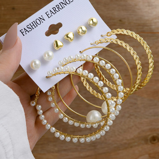 European and American Hot-selling Metal Geometric C- shaped Ear Ring French 6-piece Set Winding Alloy Earrings Creative Golden Ear Jewelry Women