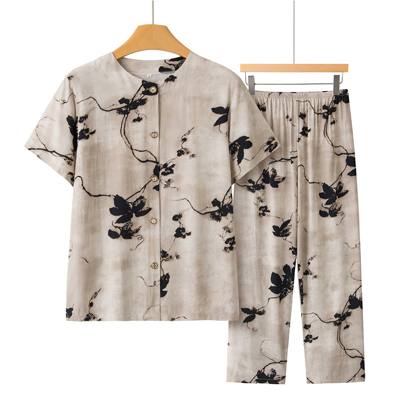 Cotton Silk Suit for Middle-Aged and Elderly Women, Grandma's Summer Floral Two-Piece Set, Mom's Short-Sleeve Cardigan, Casual Shirt and Pants for Women