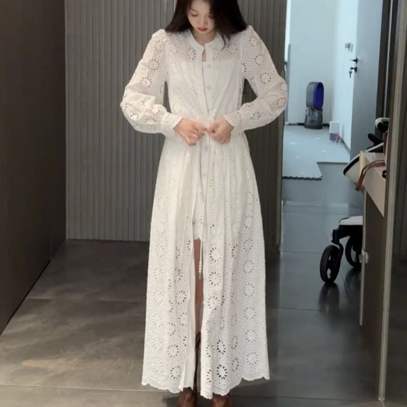 春秋新款女设计感小众镂空白色蕾丝裙法式重工长袖连衣裙套装|undefined