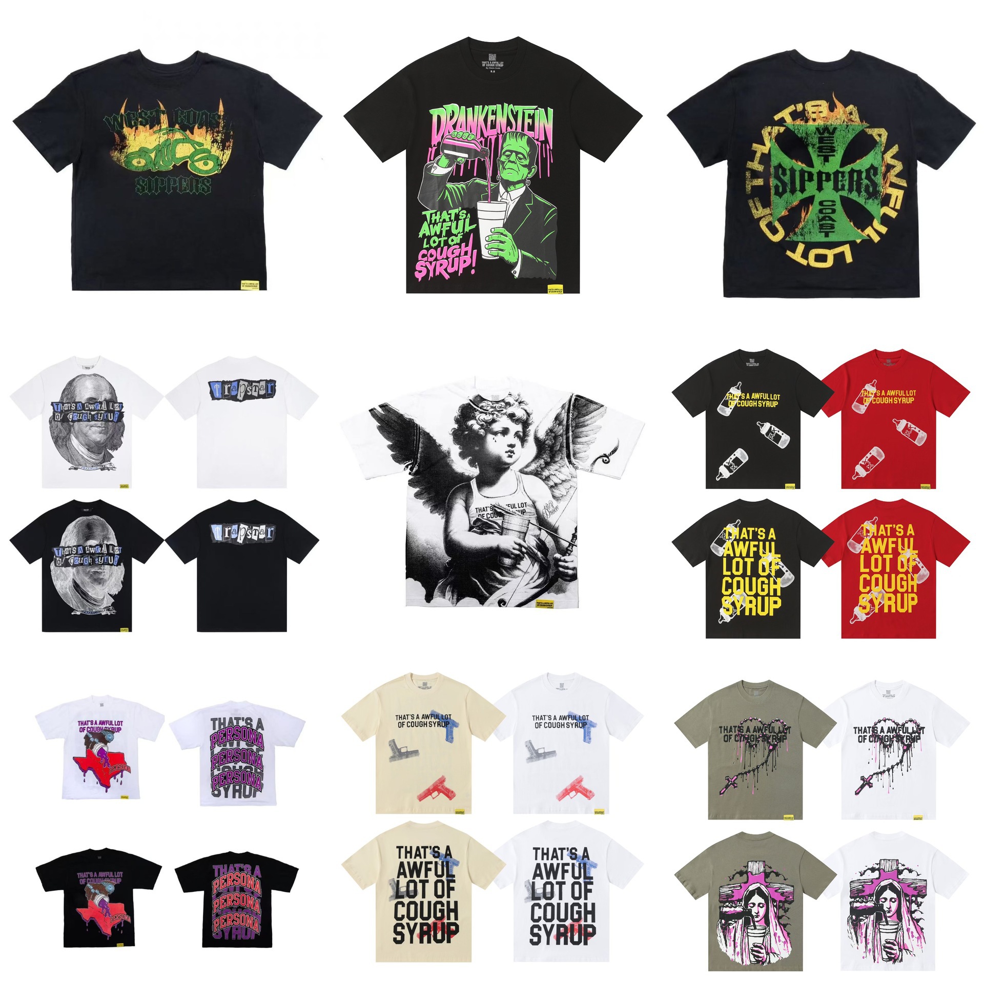 High Version Cough Syrup English Slogan American Trendy Hip-Hop Short-Sleeved West Coast Hip-Hop Rap Joint T-Shirt for Men